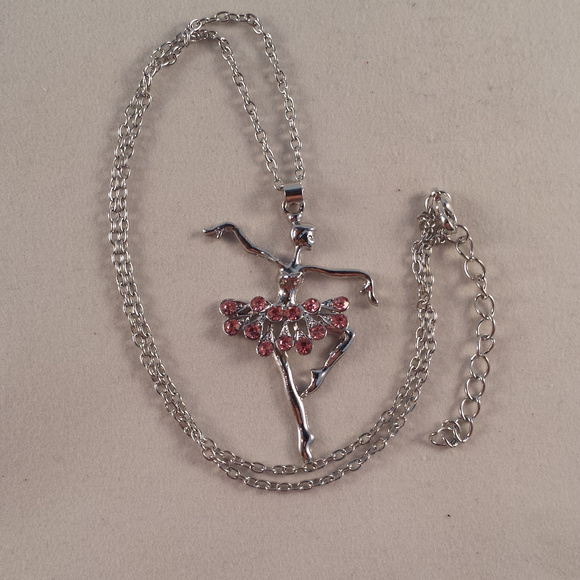 Silver Ballerina Dancer Pink Crystal Gemstone Pendant Necklace Gorgeous Gift - Picture 2 of 2